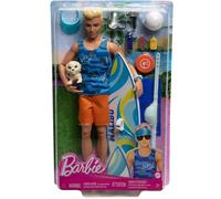 Barbie - Set Ken biondo con tavola da surf e cagnolino, include una bambola con costume sportivo, infradito a tema e tanti accessori da spiaggia, giocattolo per bambini, 3+ anni, HPT50