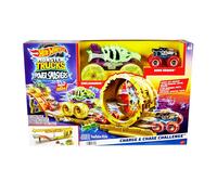 Hot Wheels Monster Trucks - Sfida, Carica e Insegui, Set Pista con 2 Truck in Scala 1:64 Skelesaurus Oversize e Bone Shaker e 2 Auto schiacciate Inclusi, Giocattolo per Bambini, 4+ Anni, HYT07