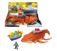 Fisher-Price Imaginext Jurassic World La Rinascita, Mosasauro Acquatico, Dinosauro Giocattolo da 46 cm Circa con Action Figure da 8 cm Circa, Barca con Lanciatore e 2 proiettili, JFR23