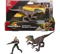 Mattel Jurassic World Rebirth Human & Dinosaur Figure Pack, Zora Bennett & Velociraptor, scala accurata del film, 9,5 cm, da collezione