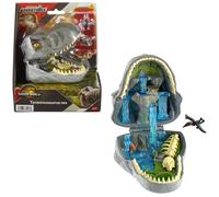 Mattel Jurassic World La Rinascita Micro Avventure, playset con testa di T-Rex che si apre con 4 funzionalità interattive, 3 micro personaggi, T-Rex giocattolo, JGB97