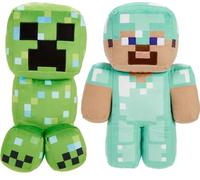 Mattel Minecraft - Set di 2 statuine di peluche di Steve in Diamond Armor e Creeper Charged Creeper con design pixelato