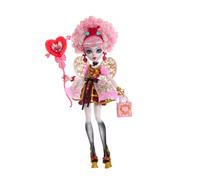 Monster High - Cupid Asteria Scary Sweet Birthday, bambola con abito da party rosa e rosso e accessori a tema, palloncino, regalo e invito inclusi, giocattolo per bambini, 4+ anni, JBG77