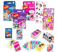Mattel Set di carte UNO per ragazze - Bundle con principesse Disney, Stitch, Barbie UNO carte per bambini Plus adesivi | Principessa Disney, Stitch, Barbie Attività per bambini, notte di gioco in