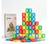 Mattoncini magnetici con lettere e numeri, set di 40 mattoncini magnetici trasparenti, giocattolo educativo da impilare e costruire, con scatola in metallo, gioco dai 3 anni in su