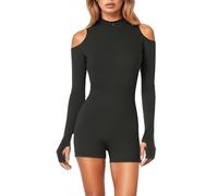 Mattone per Yoga Tuta elastica aderente, snellente, aderente, con cerniera, a maniche lunghe, spalle scoperte, tinta unita, con pantaloncini, per donna Tappeto per Yoga Grande (Black, M)