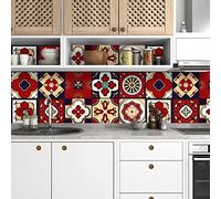Mattonelle Adesive 15X15 Mandala Rossa Adesivi Per Piastrelle,Pvc Autoadesivo Resistente Al Calore Impermeabile Piastrelle,Piastrelle Da Bagno, Decorazione Domestica(10Pcs)