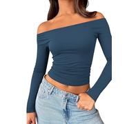 Matunana Top da donna con spalle scoperte a maniche lunghe per uscire camicie di base carino Y2K autunno moda alla moda 2026, Blu, M