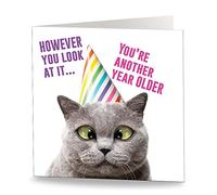 Maturi Biglietto d'auguri umoristico con gatto Another Year Older, interno bianco, 15,5 x 15,5 cm