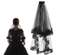Matwsec Velo nero in pizzo nero da donna 2 livelli velo da sposa con ricamo floreale per spose Halloween Carnevale gotico Prom Day of the Dead Costume
