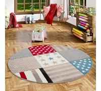 Maui Kids - Tappeto per Bambini e Ragazzi - Stelle - Rosso Blu - Rotondo - 3 Dimensioni