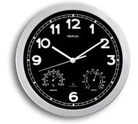 MAUL Orologio da parete MAULdrive radiocontrollato argento nero | ora sempre precisa, cambio orario automatico, clima stanza sotto controllo, numeri ben visibili, marcia silenziosa