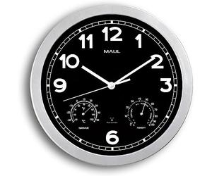 MAUL Orologio da parete MAULdrive radiocontrollato argento nero | ora sempre precisa, cambio orario automatico, clima stanza sotto controllo, numeri ben visibili, marcia silenziosa