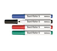 MAUL Pennarelli lavagna set 4 rosso verde blu nero punta fine | tratto preciso 1,5-2 mm, asciugatura rapida, cancellazione facile, tonalità vivaci, cappuccio con clip