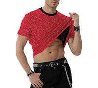 Mauro Kane Maglietta Paillettes Uomo Maglietta Glitter Uomo Manica Corta Maglia Brillantini Abbigliamento da Discoteca Danza Rosso XXL