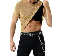 Mauro Kane Maglietta Paillettes Uomo Maglietta Glitter Uomo Manica Corta Maglia Brillantini Abbigliamento da Discoteca Danza Gold M