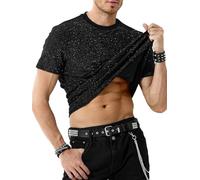 Mauro Kane Maglietta Paillettes Uomo Maglietta Glitter Uomo Manica Corta Maglia Brillantini Abbigliamento da Discoteca Danza Nero XXL