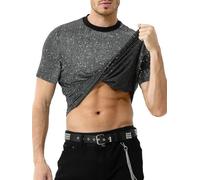 Mauro Kane Maglietta Uomo con Paillettes e Glitter Manica Corta Maglia Brillantini per Danza Discoteca e Party Striscia Argento M
