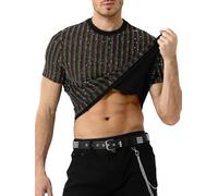 Mauro Kane Maglietta Uomo con Paillettes e Glitter Manica Corta Maglia Brillantini per Danza Discoteca e Party Righe Arcobaleno XL