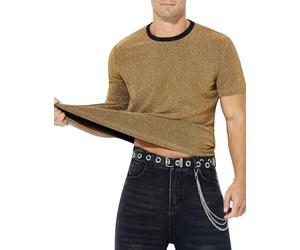 Mauro Kane Maglietta Uomo con Paillettes e Glitter Manica Corta Maglia Brillantini per Danza Discoteca e Party Gold L