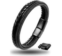 Mauro Vinci Bracciale in pelle da uomo nero - doppio cordoncino con chiusura magnetica - regolabile da 19,5 cm a 21 cm Baresi Steel MB-0022 - Bracciale in pelle nera - con confezione regalo