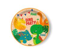 maverick piatti per feste tema dinosauri multicolor. piatti grandi per feste e compleanni bambini con tutti i dinosauri e messaggio. 8 pezzi, diametro 22,7cm. made in europe