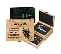 Maverton Accessori da vino La Dedica - Kit da Sommelier Personalizzato - Scatola in legno di bambù + 8 pezzi di Accessori Vino - regalo uomo - Un piccolo calice
