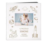 Maverton Album Foto - Copertina in Pelle Sintetica Bianca con Finestra - Personalizzazione ad Incisione Laser - 60 pagine nere - 240 foto 10x15 cm - idee regalo neonato, compleanno - Astronavi