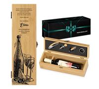 Maverton Astuccio Porta Vino Amore Completo di Accessori - Kit Cavatappi da Vino Personalizzato - Scatola in Legno di bambù + 4 Pezzi di Accessori Vino - Regalo Donna - Felicità