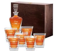 Maverton Caraffa 800 ml con 6 Bicchieri Whisky in Vetro 280 ml - Incisione Personalizzata - Bicchiere Cristallo per Lui - Idea Regalo Uomo Compleanno - Festa del Papà - Papillon