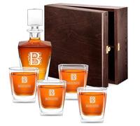 Maverton caraffa per whisky + 4/6 bicchieri con incisione - Decanter per whisky in vetro da 800 ml - Incisione personalizzata - Set per il whisky per Lui per compleanno - Cognome