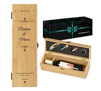 Maverton Cassetta Porta Vino Amore con Accessori - Kit Cavatappi da Vino Personalizzato - Scatola in Legno di bambù + 4 Pezzi di Accessori Vino - Idee Regalo per Anniversario - Nozze
