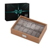 Maverton Cofanetto Porta Orologi con 12 scomparti - Custodia orologi in legno - Coperchio in vetro - Fodera in velluto grigio - incisione personalizzata - regalo uomo - Ore