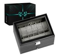 Maverton Cofanetto Porta Orologi e Gioielli con 12 scomparti e 1 cassetto - Custodia Orologi - Coperchio in vetro - Fodera in velluto - incisione personalizzata - regalo uomo - Ore