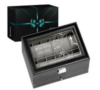 Maverton Cofanetto Porta Orologi e Gioielli con 12 scomparti e 1 cassetto - Custodia Orologi - Coperchio in vetro - Fodera in velluto - incisione personalizzata - regalo uomo - Time Keeper