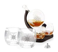 Maverton Decanter per Whisky in vetro - incisione personalizzata - Caraffa a forma di mappamondo da 850 ml + 4 Set bicchieri whisky - idea regalo per la coppia - viaggiatori