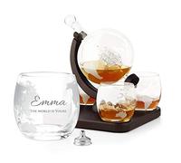 Maverton Decanter per Whisky in vetro - incisione personalizzata - Caraffa a forma di mappamondo da 850 ml + 4 Set bicchieri whisky - idea regalo per l’uomo - mondo