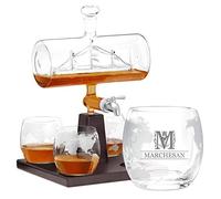 Maverton Decanter per Whisky in vetro - incisione personalizzata - Caraffa da 1000 ml con una nave all’interno + 4 Set bicchieri whisky - idea regalo per l’uomo - nobile