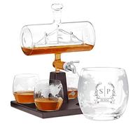 Maverton Decanter per Whisky in vetro - incisione personalizzata - Caraffa da 1000 ml con una nave all’interno + 4 Set bicchieri whisky - idea regalo per la coppia - alloro