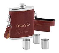 Maverton Fiaschetta in metallo rivestita in pelle - in acciaio con tre bicchierini - dimensioni 15cm x 9,5cm x 3cm - incisione personalizzata - perfetta idea regalo per uomo - piccoli sorsi