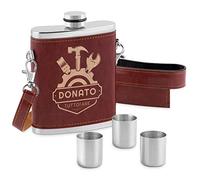 Maverton Fiaschetta in metallo rivestita in pelle - incisione personalizzata - in acciaio con tre bicchierini - dimensioni 15cm x 9,5cm x 3cm - perfetta idea regalo per uomo - tuttofare
