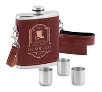 Maverton Fiaschetta in metallo rivestita in pelle - incisione personalizzata - in acciaio con tre bicchierini - dimensioni 15cm x 9,5cm x 3cm - perfetta idea regalo per uomo - gentleman