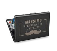 Maverton Porta carte di credito per uomo - in metallo - con incisione personalizzata - nero - dimensioni 9,5cm x 6,5cm x 1,3cm - 5 tasche per le carte - idea regalo uomo - baffo