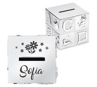 Maverton Salvadanaio placcato argento con incisione personalizzata - salvadanaio cubico con animaletti per maschio e femmina - pensiero compleanno per bambini - dimensioni 8x8x8cm - Fiori