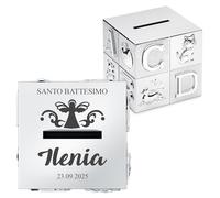 Maverton Salvadanaio placcato argento con incisione personalizzata - salvadanaio cubico con animaletti per maschio e femmina - pensiero compleanno per bambini - dimensioni 8x8x8cm - Angelo