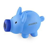 Maverton Salvadanaio Porcellino - Azzurro - Personalizzazione ad Incisione Laser - 8x10x12 cm - in Polietilene - Apribile - Salvadanaio - per il bambino - Nome