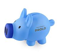 Maverton Salvadanaio Porcellino - Azzurro - Personalizzazione ad Incisione Laser - 8x10x12 cm - in Polietilene - Apribile - Salvadanaio - per il bambino - Risparmi