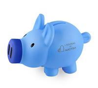 Maverton Salvadanaio Porcellino - Azzurro - Personalizzazione ad Incisione Laser - 8x10x12 cm - in Polietilene - Apribile - Salvadanaio - per il bambino - Soldini