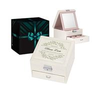 Maverton scatola portagioie con stampa - con specchio - cofanetto portagioielli personalizzabile - in similpelle - beige - 16x16x11cm - idea regalo donna - ricordo
