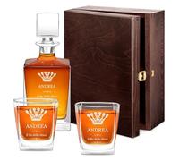 Maverton set Caraffa da whisky e cognac + 2/4/ 6 bicchieri | Con incisione personalizzata, Decanter in vetro per whiskey da 0,81 L, Bottiglia per compleanno, pensiero per papà, Re